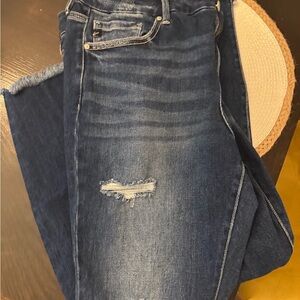 KanCan Blue Ankle Cropped Jeans with Distressed Details